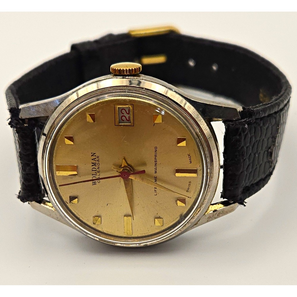 Vintage Woldman Calendar Swiss Made Manual Wind-up Watch Gold Dial, Black Band.